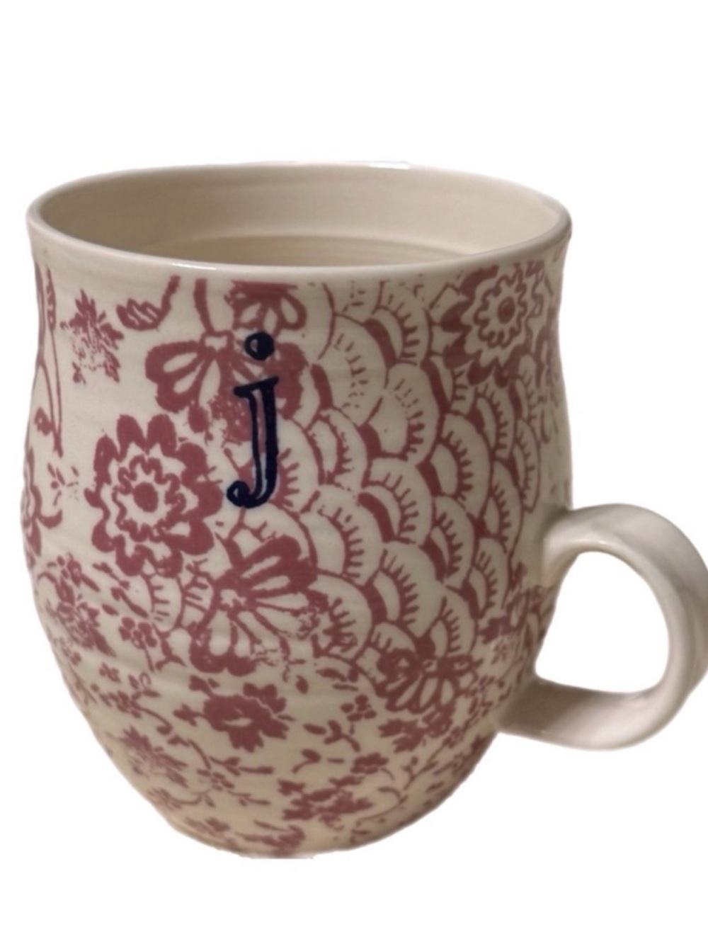 Anthropologie Sparrow Monogram Letter J Light Pink Floral Coffee Mug Cup